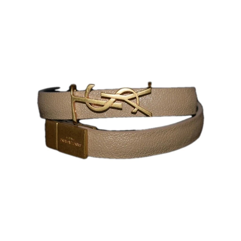 Ysl Saint Laurent Opyum Beige Gold Leather Double Wrap Bracelet Logo